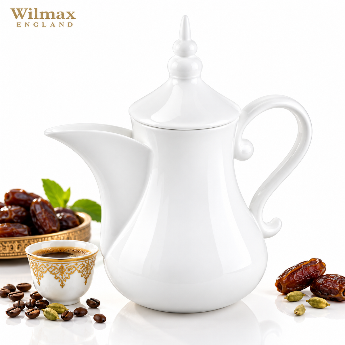 Wilmax Arabische Kaffee- und Teekanne mit integriertem Ausgusssieb 1000 ml Weiß aus Porzellan