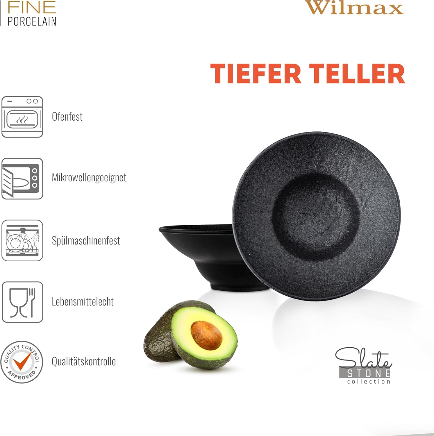 Wilmax Tiefer Teller 22,5 cm 1100 ml 2er-Set Schwarz aus Porzellan
