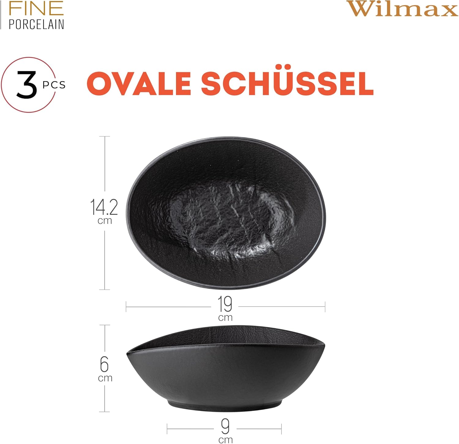 Wilmax Ovale Schale 19 × 15 × 6 cm 3er-Set Schwarz aus Porzellan