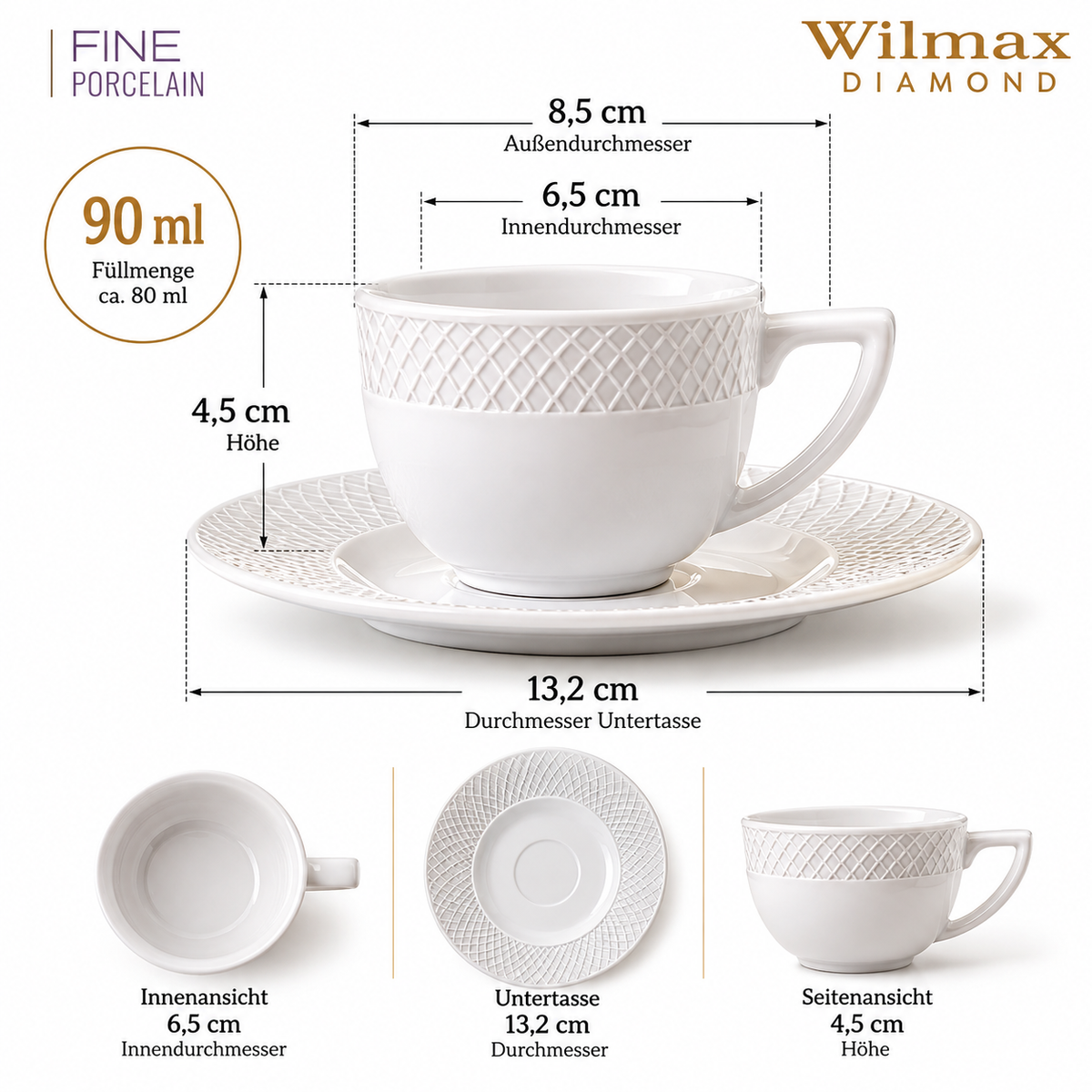 Wilmax Tasse mit Untertasse 90 ml 6er-Set Weiß aus Porzellan
