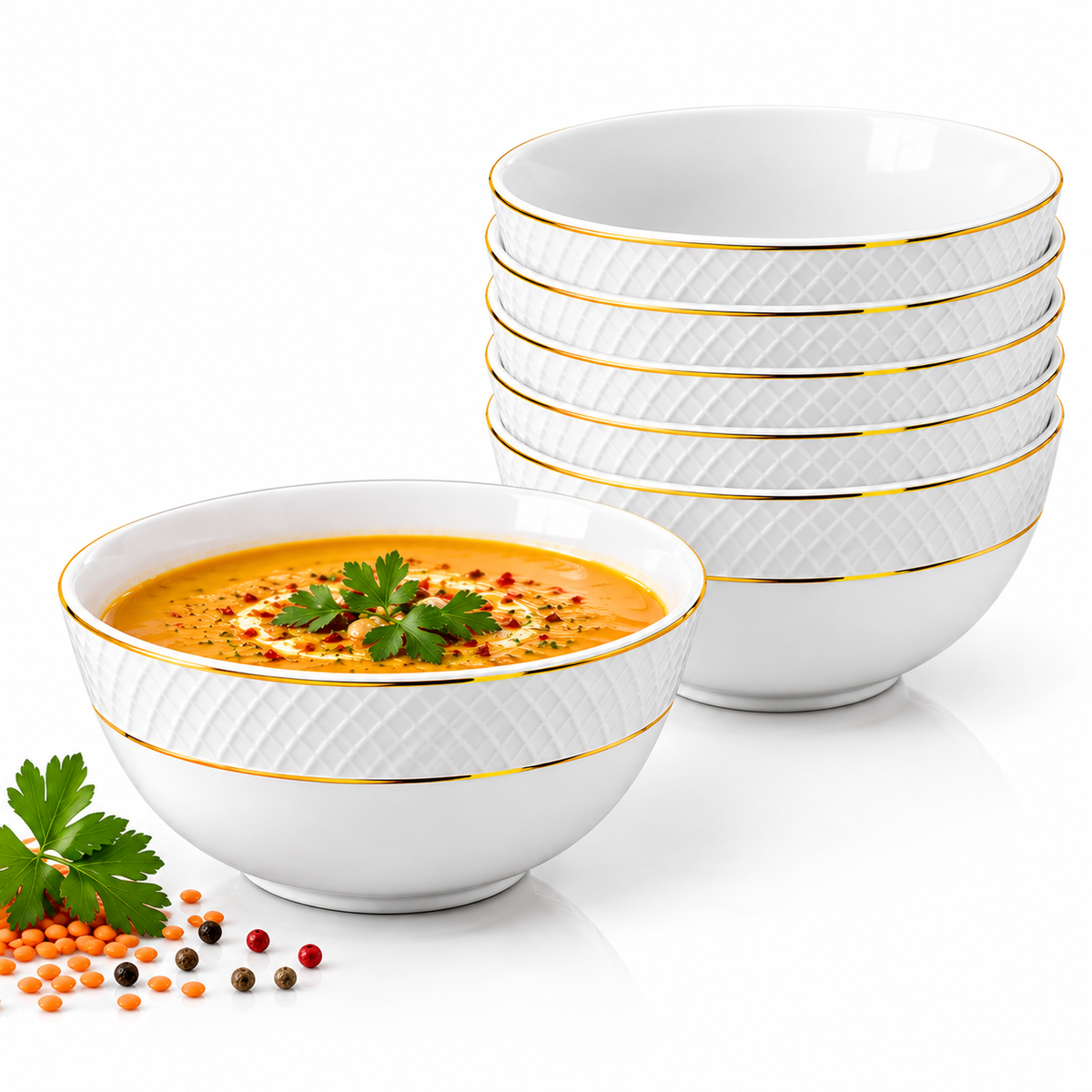 Wilmax Schale 600 ml 14 cm 6er-Set Weiß mit Goldrand aus Porzellan