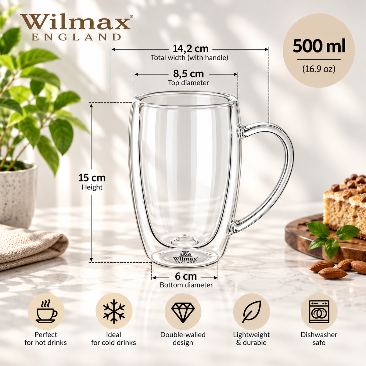 Wilmax Doppelwandiger Thermobecher 500 ml 4er-Set Transparent