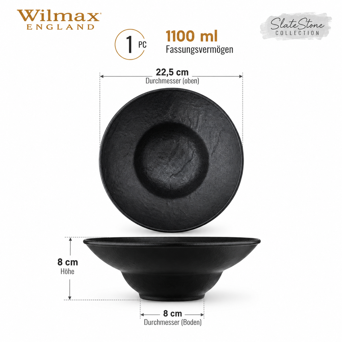 Wilmax Tiefer Teller 22,5 cm 1100 ml Schwarz aus Porzellan
