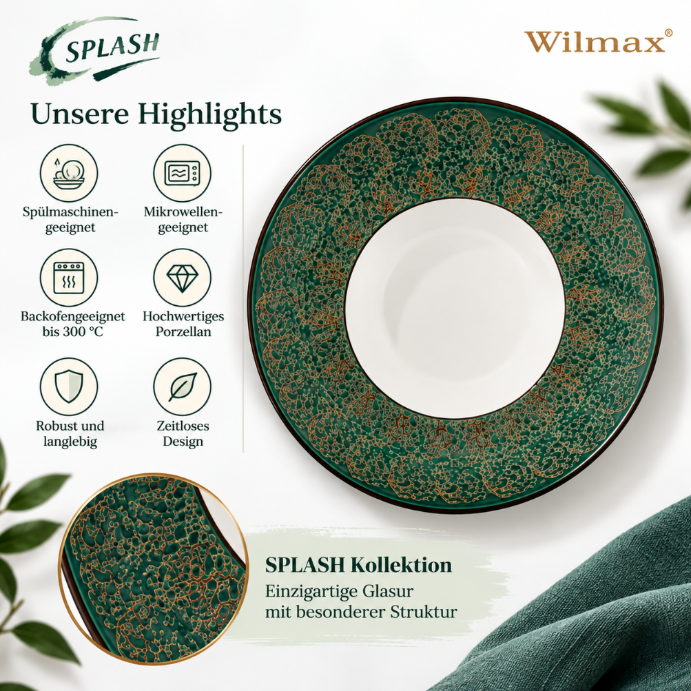 Wilmax Tiefer Teller 22,5 cm 1100 ml 2er-Set Grün aus Porzellan