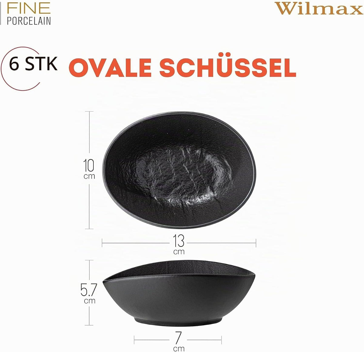 Wilmax Ovale Schale 13 × 10 × 6 cm 6er-Set Schwarz aus Porzellan