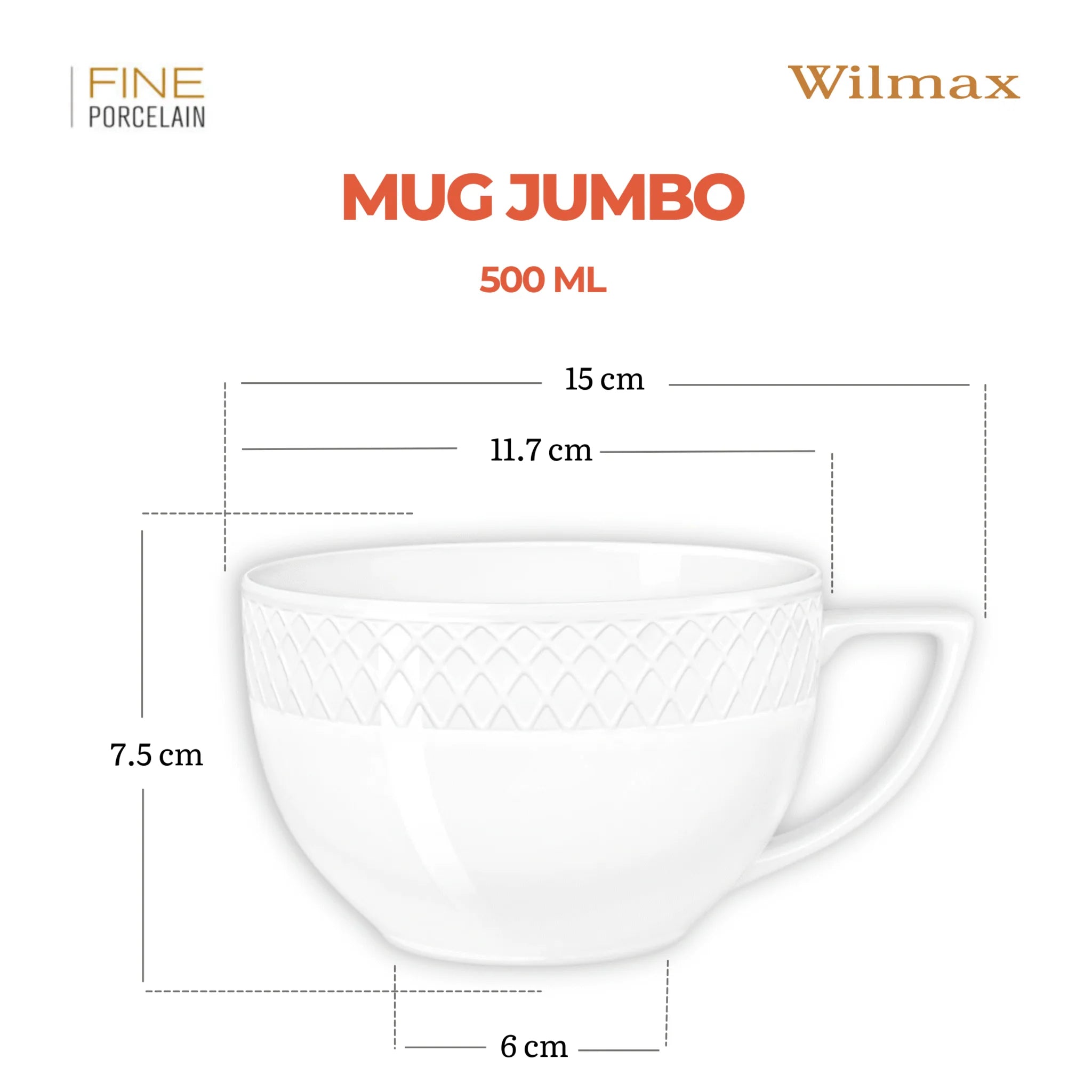 Wilmax Jumbo-Becher 500 ml Weiß aus Porzellan