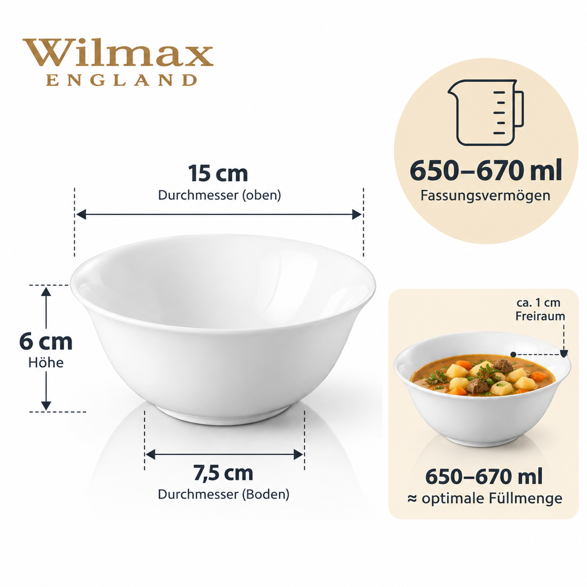Wilmax Schale 700 ml 15 cm 6er-Set Weiß aus Porzellan