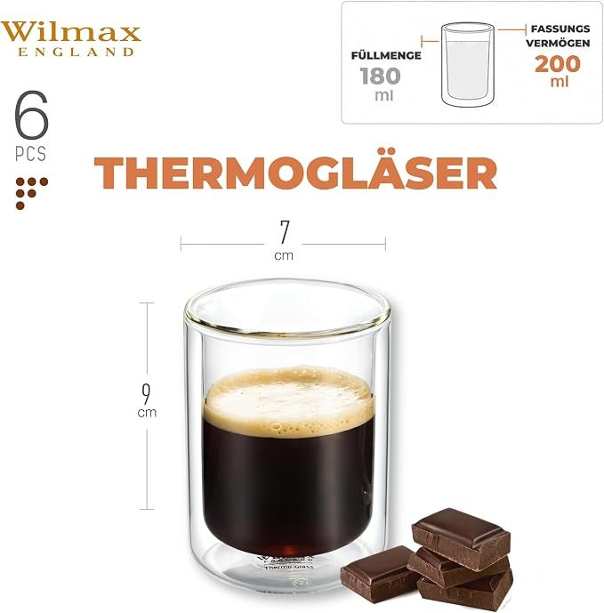 Wilmax Doppelwandiges Glas 200 ml 6er-Set Transparent