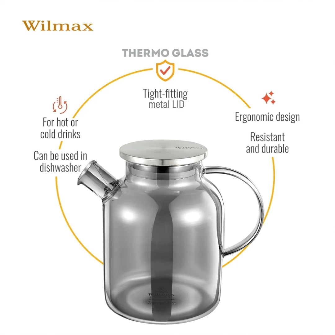 Wilmax Teekanne 1600 ml mit Federfilter und mit Edelstahldeckel Rauchgrau aus Thermoglas