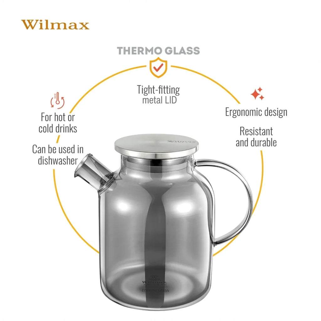 Wilmax Teekanne 1600 ml mit Federfilter und mit Edelstahldeckel Rauchgrau aus Thermoglas