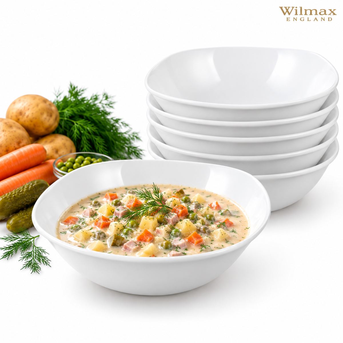 Wilmax Schale 650 ml 16,5 × 16,5 cm 6er-Set Weiß aus Porzellan