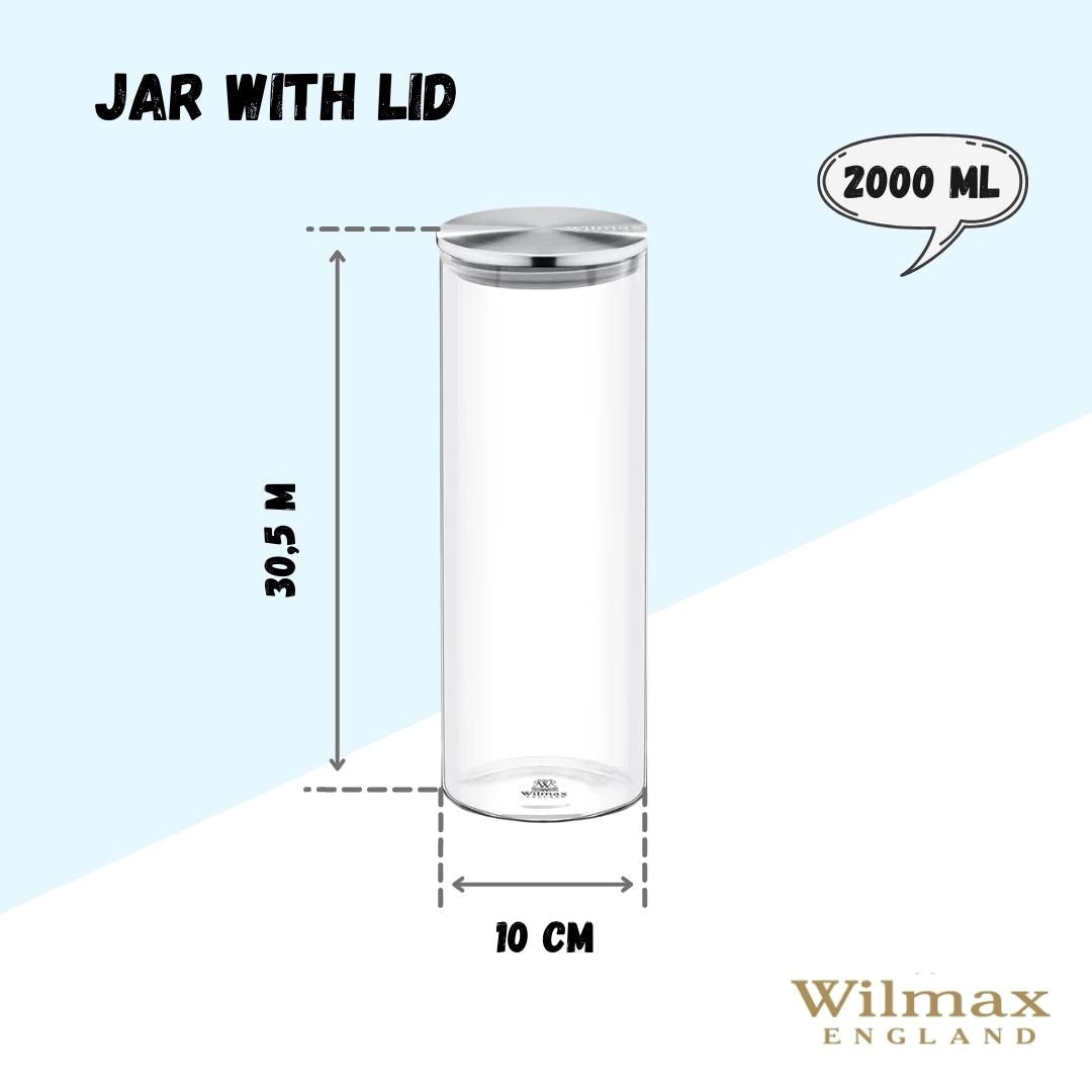 Wilmax Vorratsglas mit Deckel, Borosilikatglas, 2000 ml, Edelstahl-Deckel, WL-888520/A
