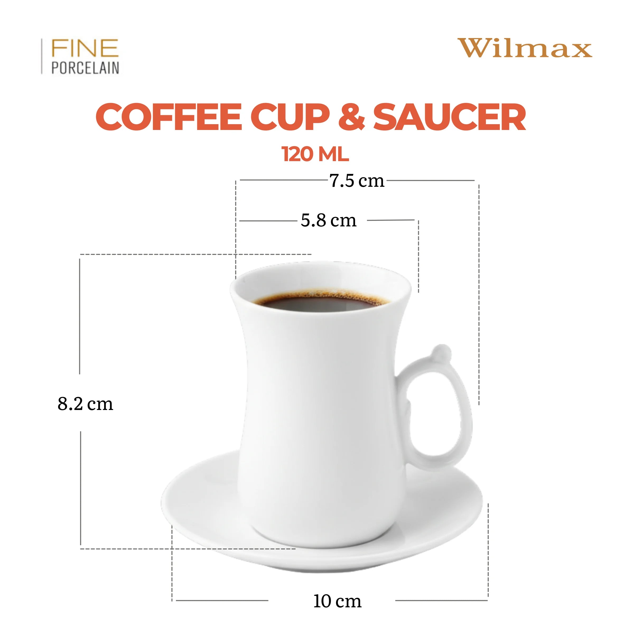Wilmax Tasse mit Untertassen 6er-Set Weiß aus Porzellan