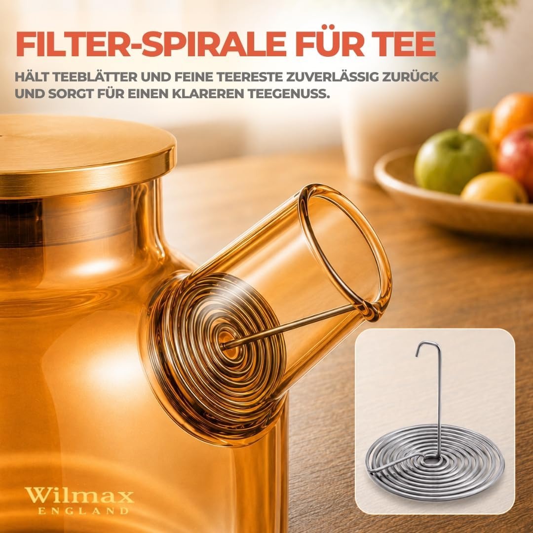 Wilmax Teekanne 1600 ml mit Federfilter und mit Edelstahldeckel Gold aus Thermoglas