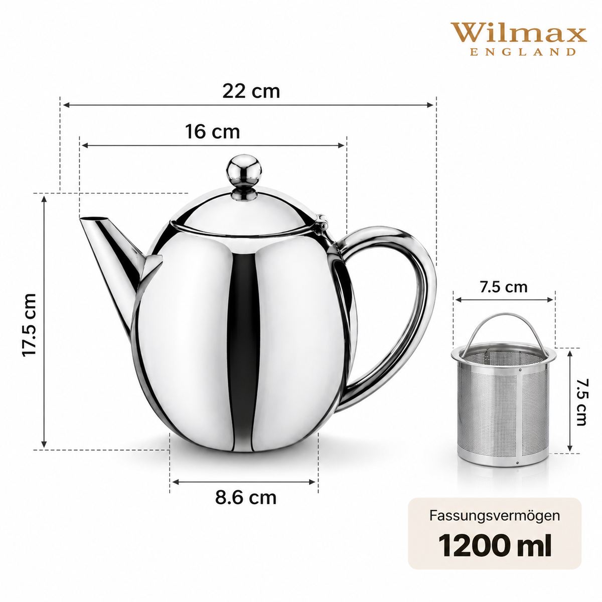Wilmax Isolierkanne 1200 ml Doppelwandig aus Edelstahl mit Teefilter Silber