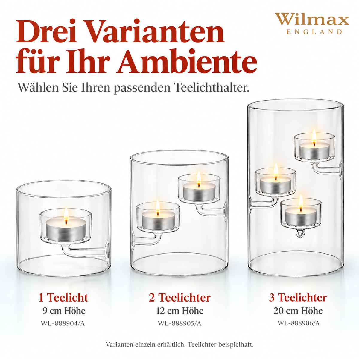 Wilmax Teelichthalter für 3 Teelichter 20 cm Transparent aus Glas