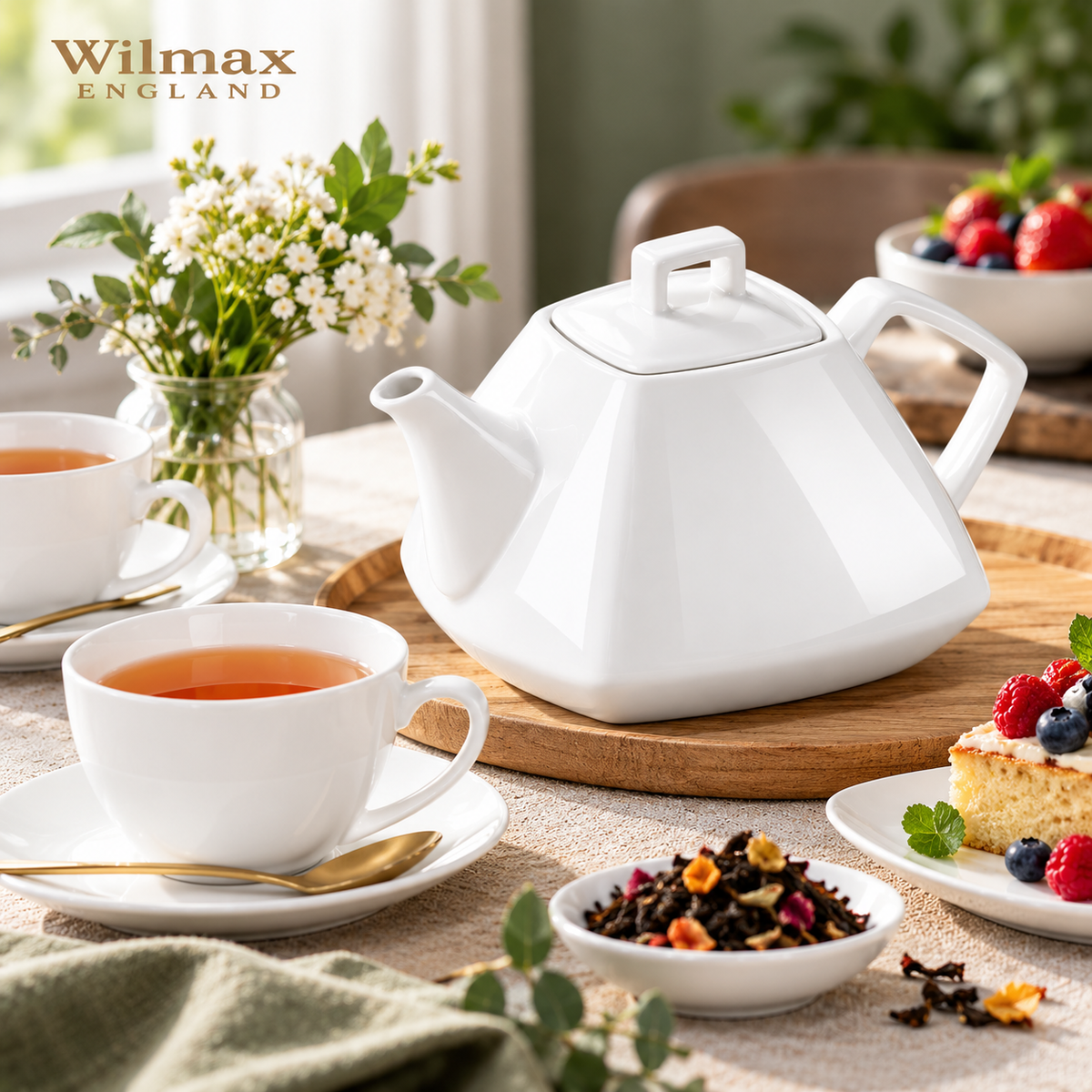 Wilmax Kaffee- und Teekanne mit integriertem Ausgusssieb 1050 ml Weiß aus Porzellan