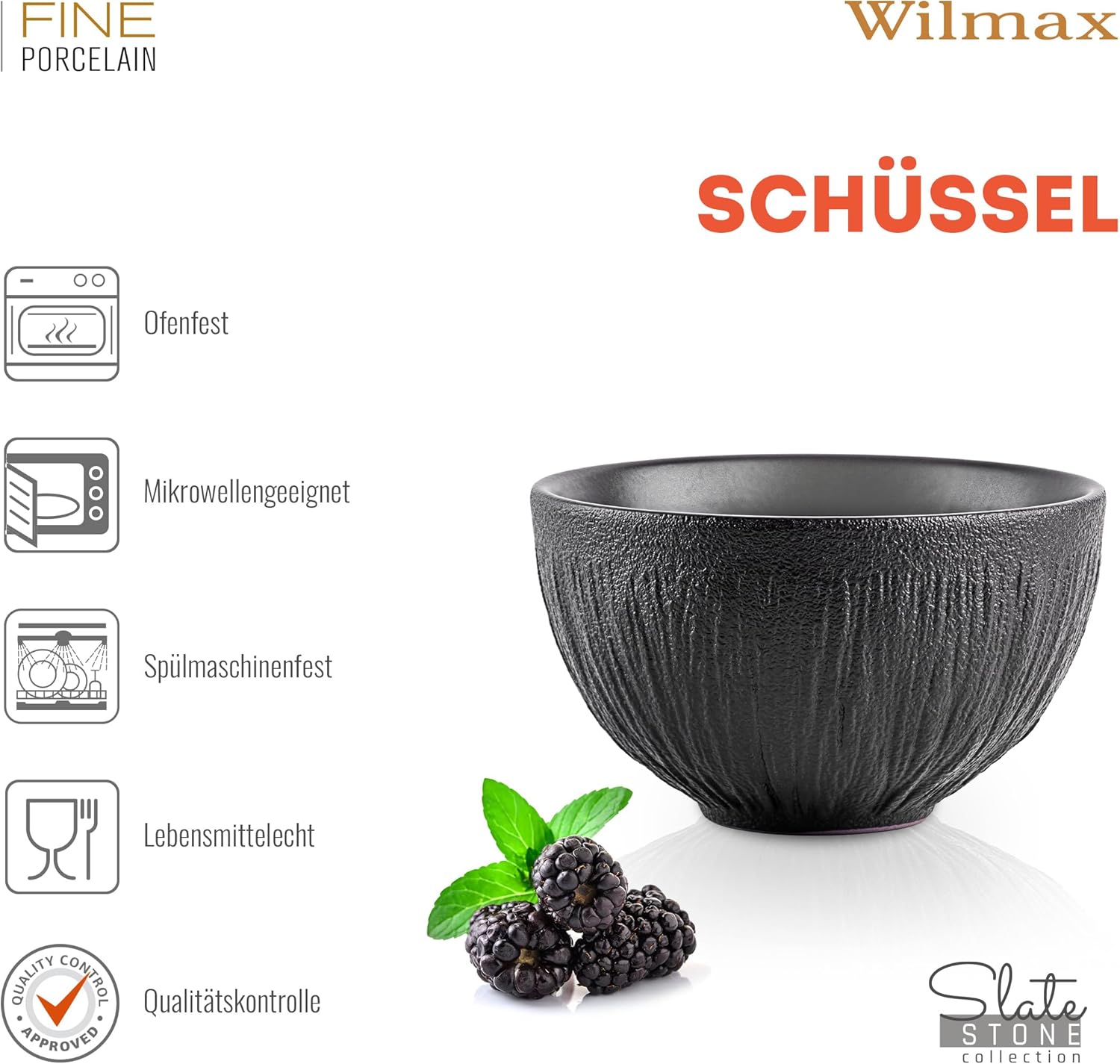 Wilmax Schale 600 ml 2er-Set Schwarz aus Porzellan