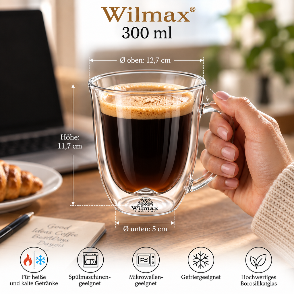 Wilmax Doppelwandiger Becher 300 ml 6er-Set Transparent