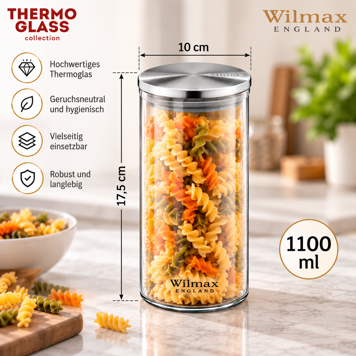 Wilmax Vorratsglas 1100 ml mit Edelstahldeckel 3er-Set Transparent