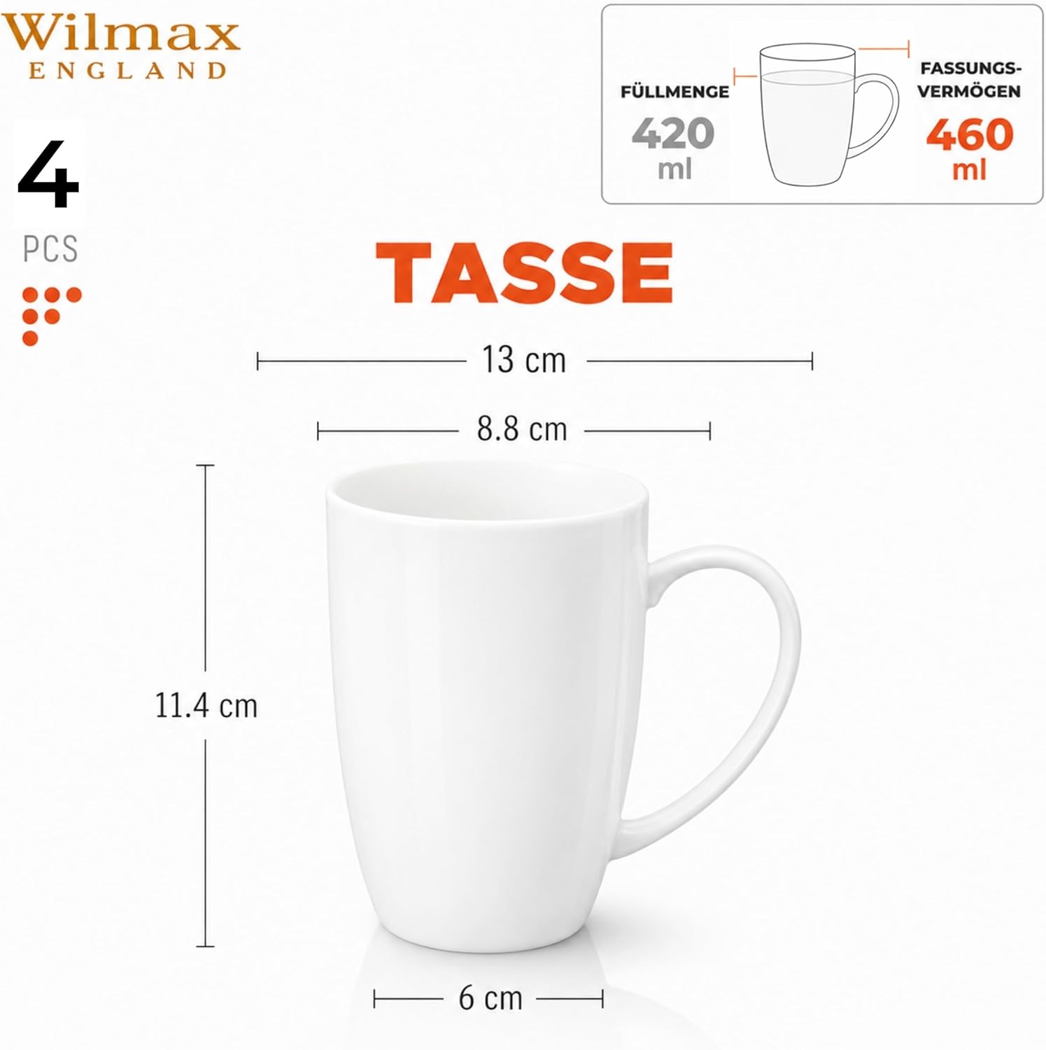 Wilmax Tasse 460 ml 4er-Set Weiß aus Porzellan