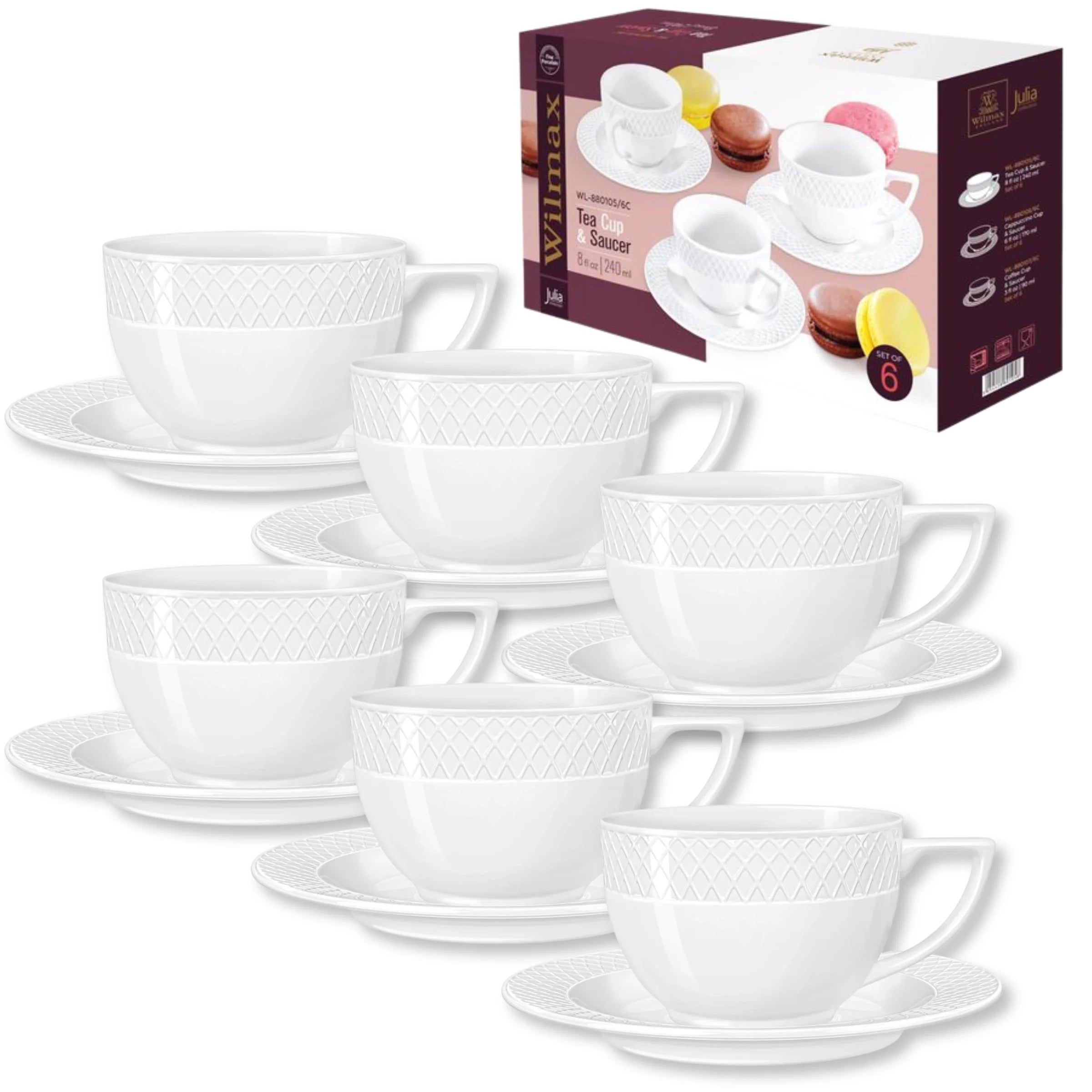 Wilmax Tasse mit Untertasse 170 ml 6er-Set Weiß aus Porzellan