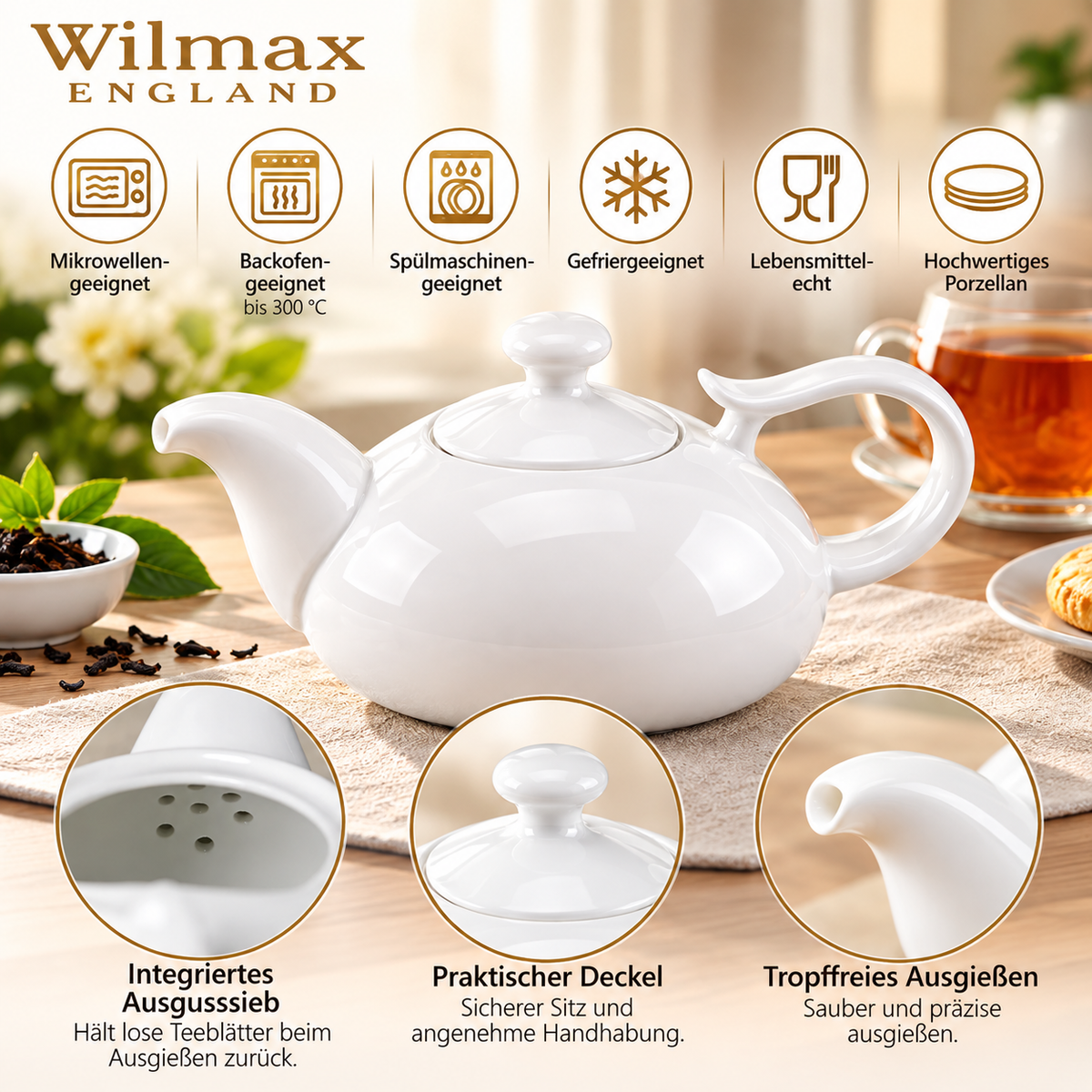 Wilmax Kaffee- und Teekanne mit integriertem Ausgusssieb 450 ml Weiß aus Porzellan