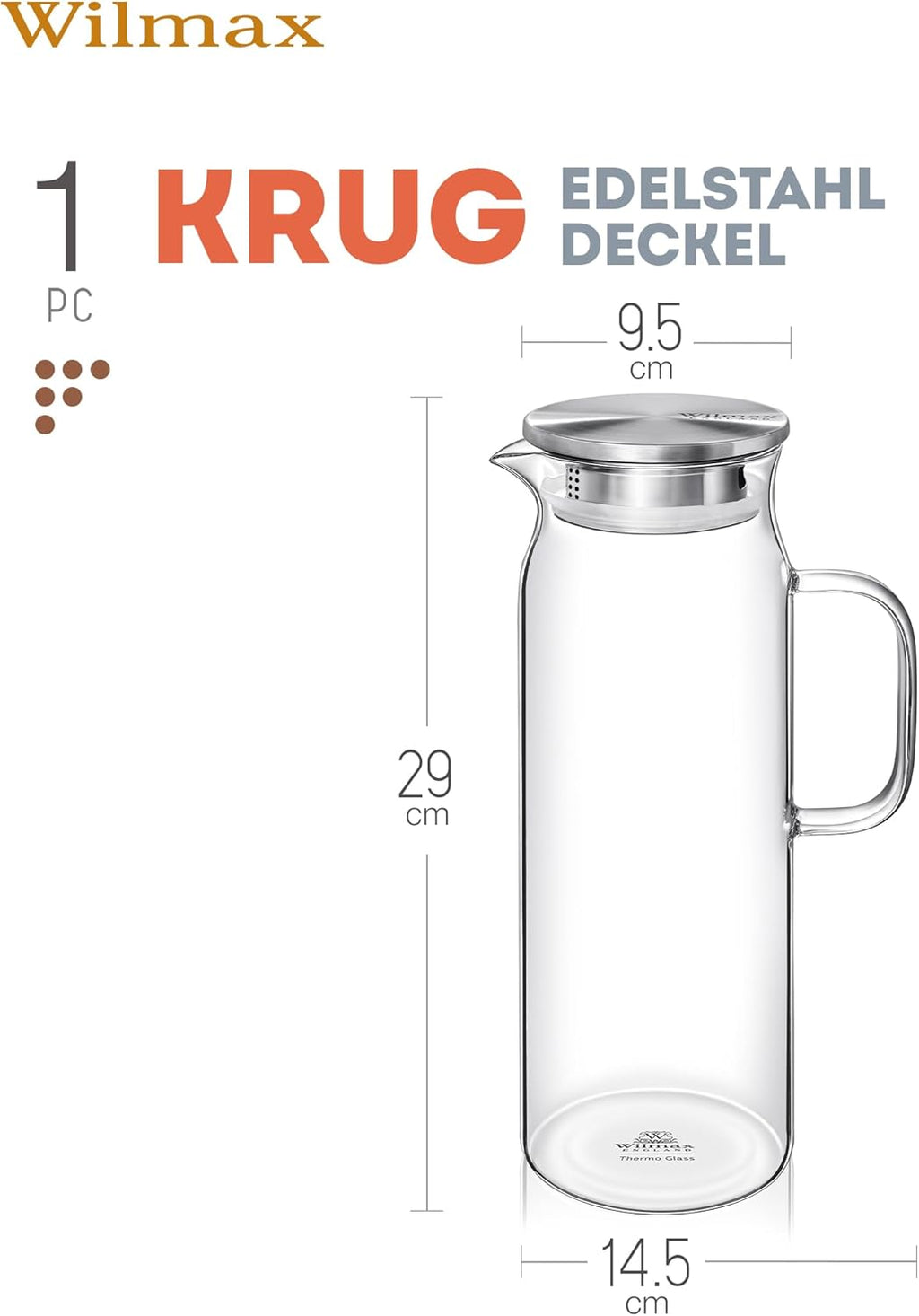 Wilmax Krug 1500 ml mit Edelstahldeckel und Filter Transparent aus Thermoglas
