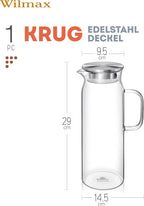 Wilmax Krug 1500 ml mit Edelstahldeckel und Filter Transparent aus Thermoglas