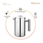 Wilmax Doppelwandige French Press 1000 ml Silber aus Edelstahl