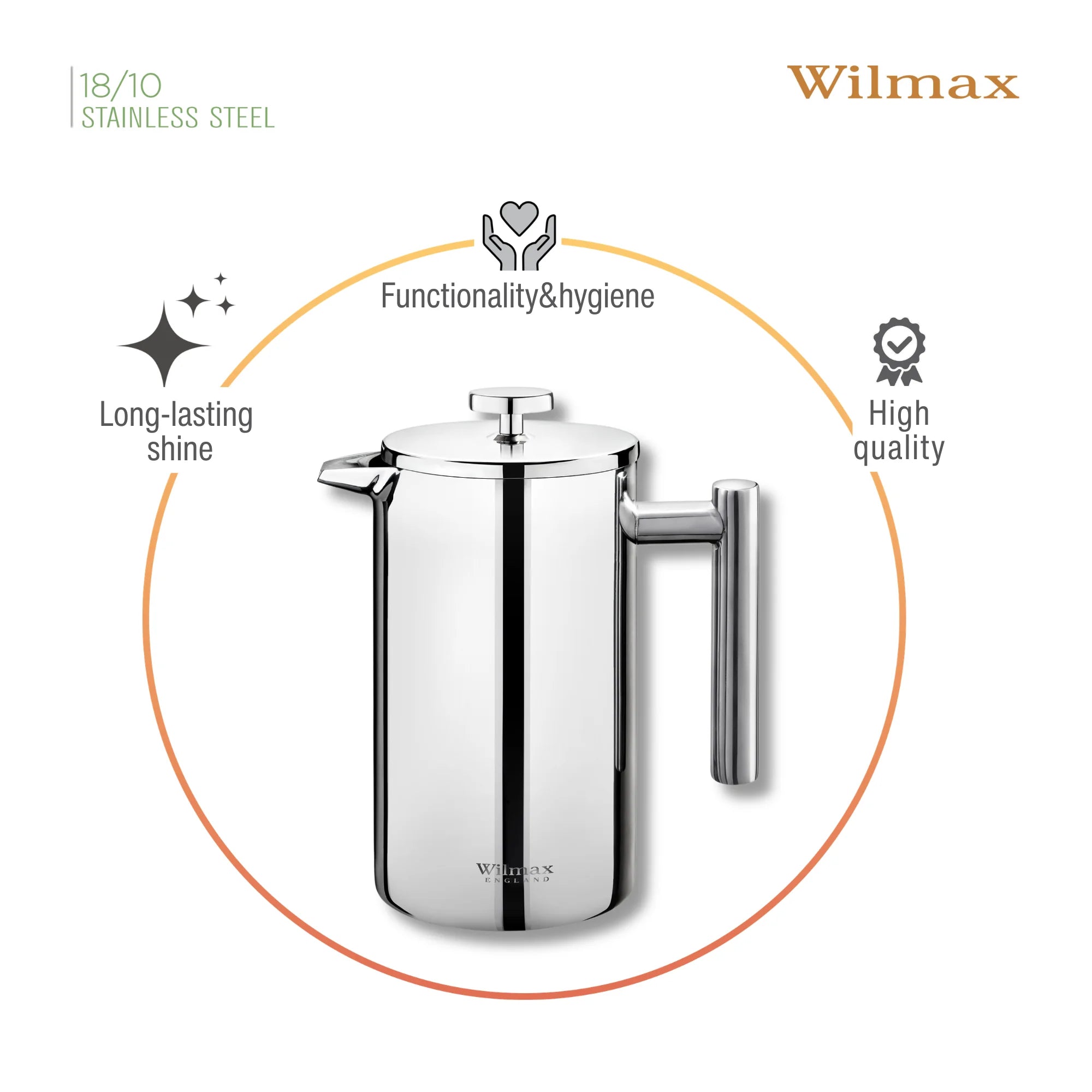 Wilmax Doppelwandige French Press 1000 ml Silber aus Edelstahl