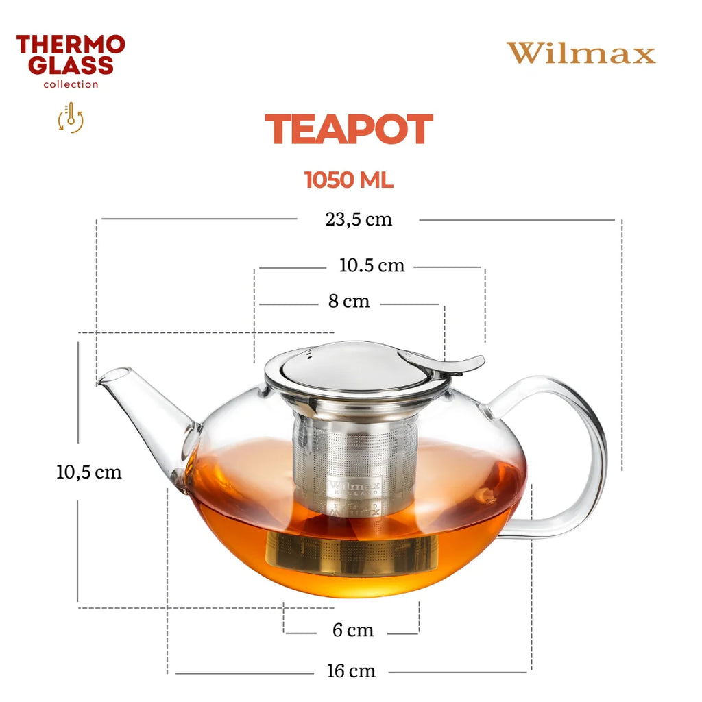 Wilmax Teekanne 1050 ml mit Edelstahlfilter Transparent aus Thermoglas