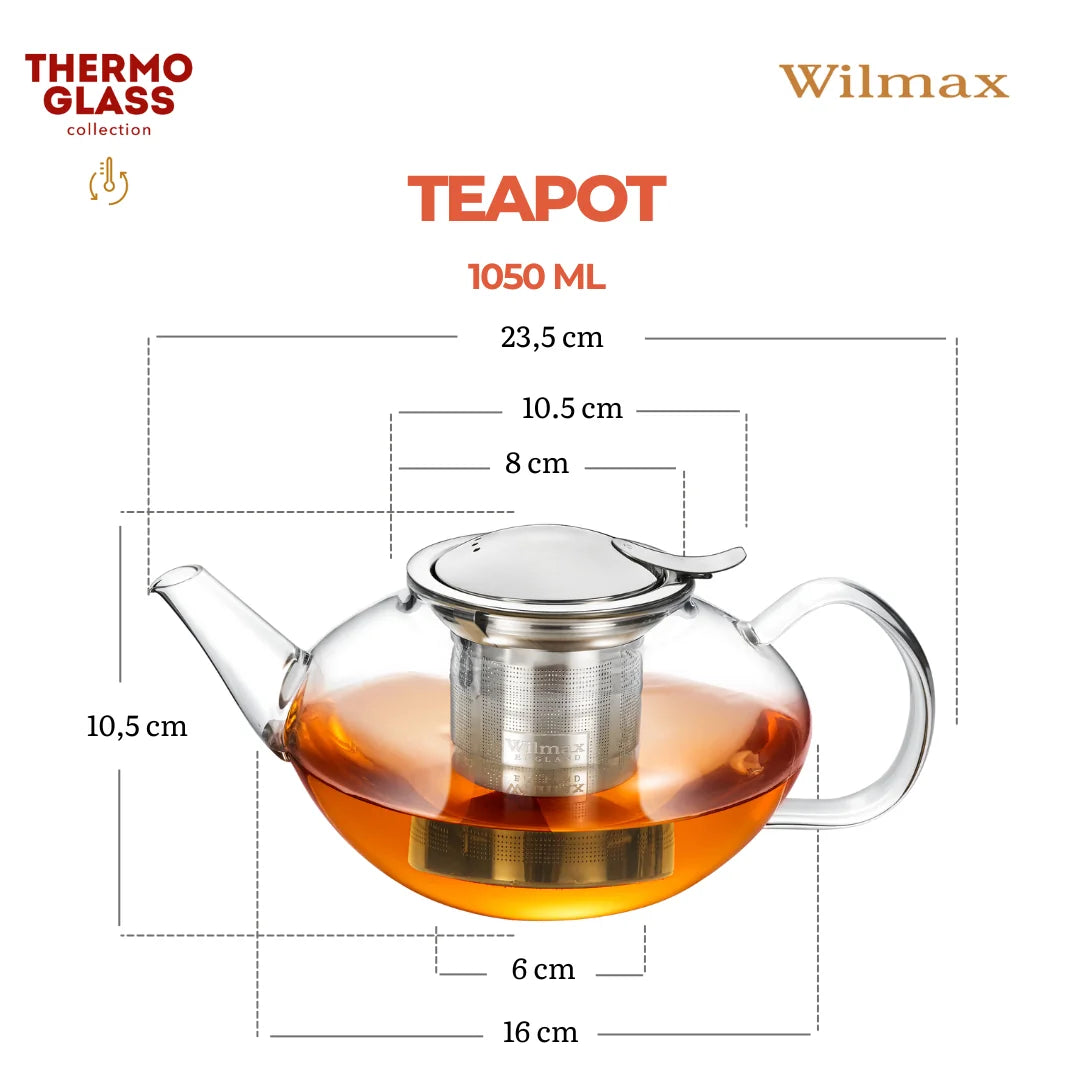 Wilmax Teekanne 1050 ml mit Edelstahlfilter Transparent aus Thermoglas