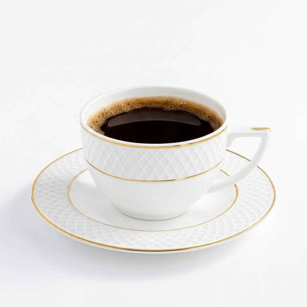 Wilmax Kaffeetasse mit Untertasse 90 ml 2er-Set Weiß mit goldfarbenem Dekor aus Porzellan