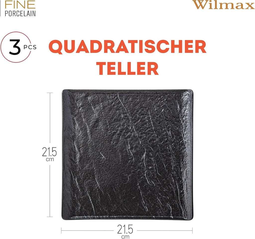 Wilmax Quadratische Servierplatte 21,5 × 21,5 cm 3er-Set Schwarz aus Porzellan