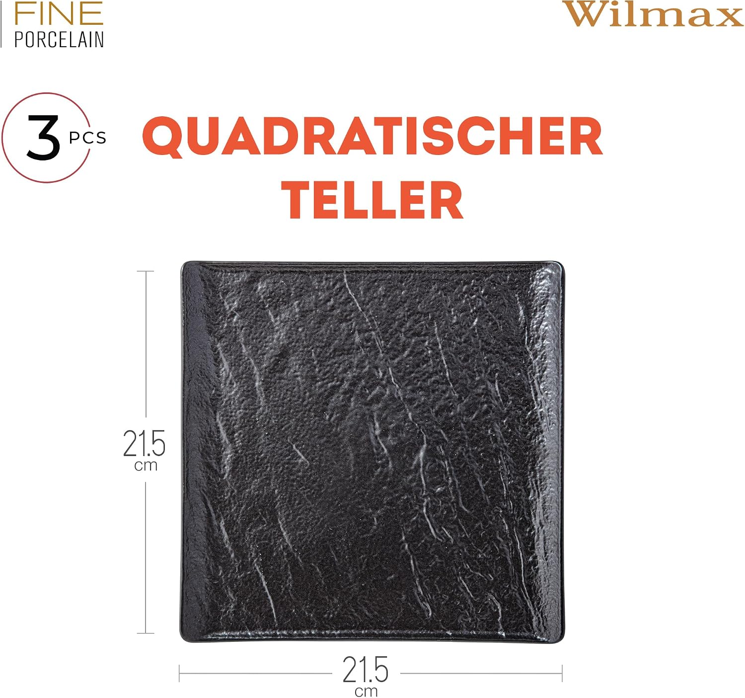 Wilmax Quadratische Servierplatte 21,5 × 21,5 cm 3er-Set Schwarz aus Porzellan