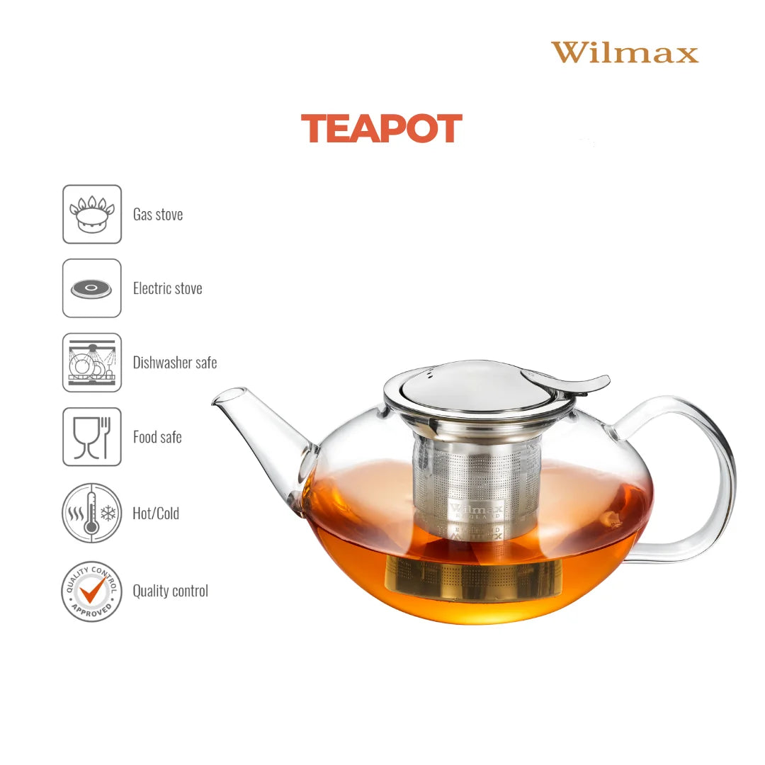 Wilmax Teekanne 1050 ml mit Edelstahlfilter Transparent aus Thermoglas