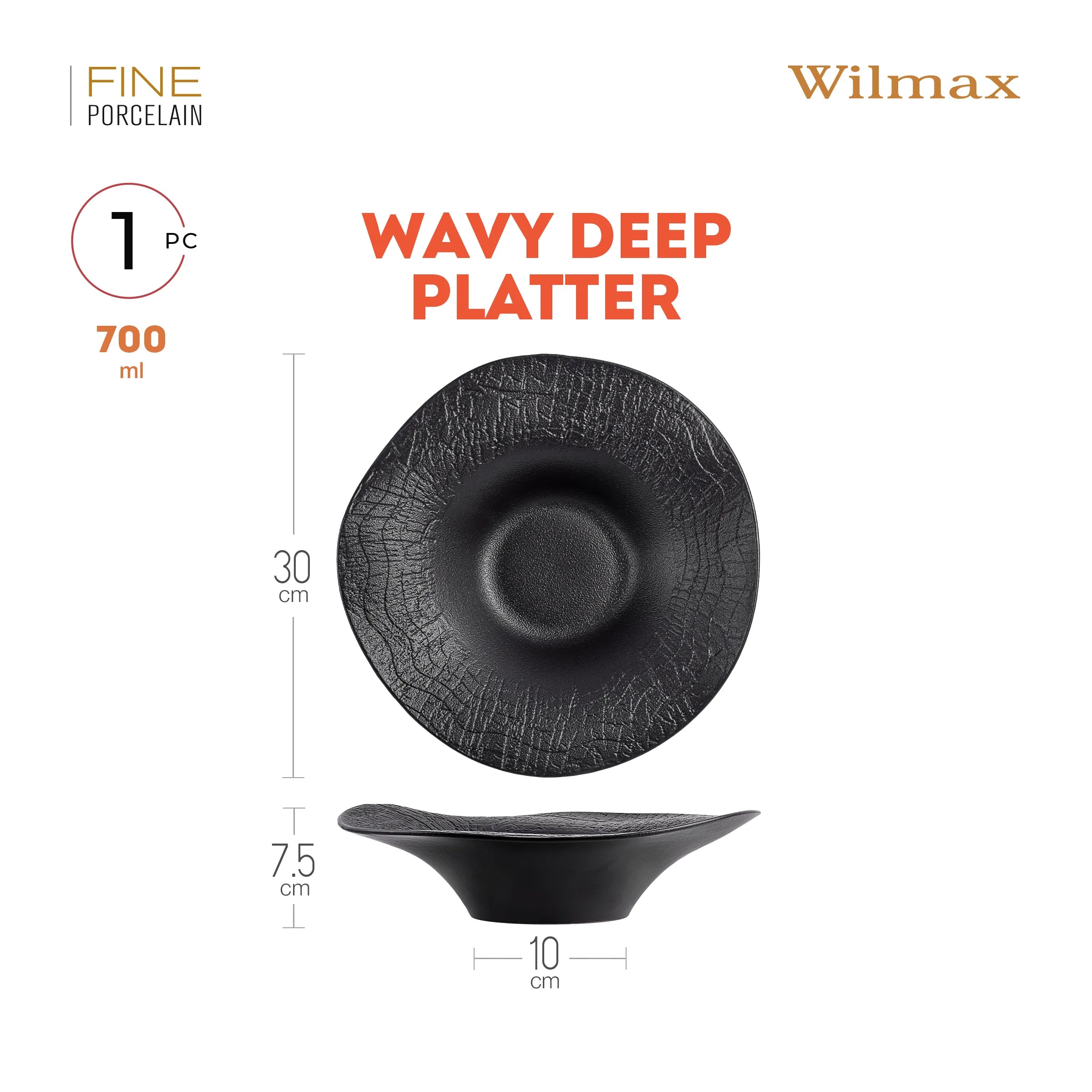 Wilmax Gewellte Servierplatte 30 cm 700 ml Schwarz aus Porzellan