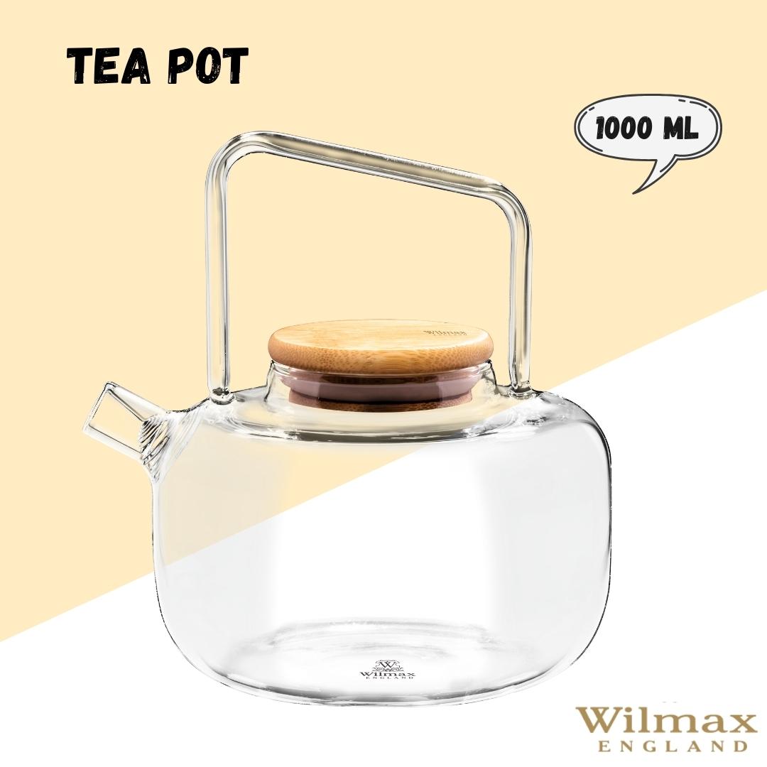 Wilmax Teekanne 1000 ml mit Federfilter und Bambusdeckel Transparent aus Thermoglas