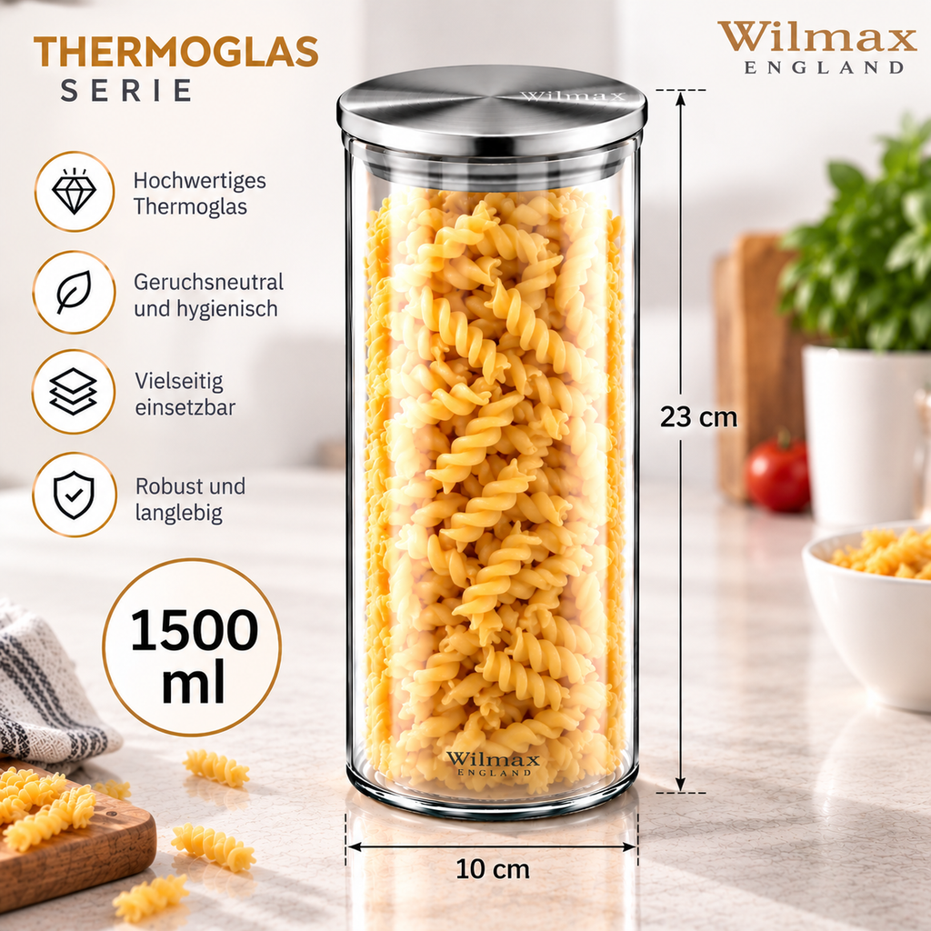 Wilmax Vorratsglas 1500 ml mit Edelstahldeckel Transparent