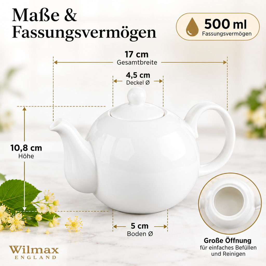 Wilmax Kaffee- und Teekanne mit integriertem Ausgusssieb 500 ml Weiß aus Porzellan