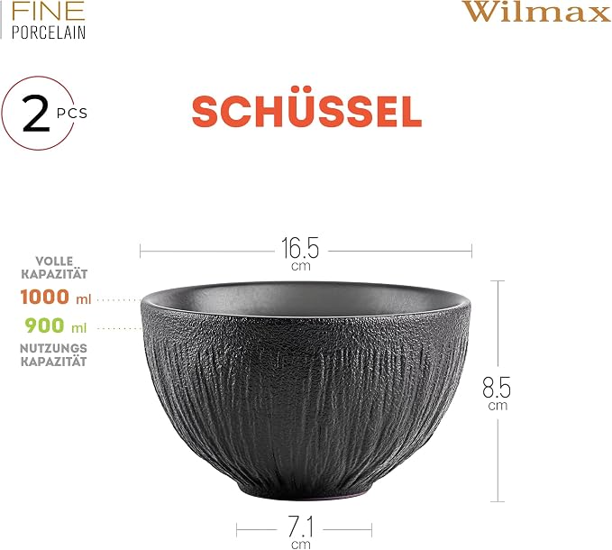 Wilmax Schale 1000 ml 2er-Set Schwarz aus Porzellan