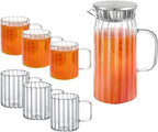 Wilmax Getränkeset 7-teilig mit Krug 1000 ml mit Edelstahldeckel und 6 hitzebeständige Glasbecher mit Henkel 300 ml aus Glas