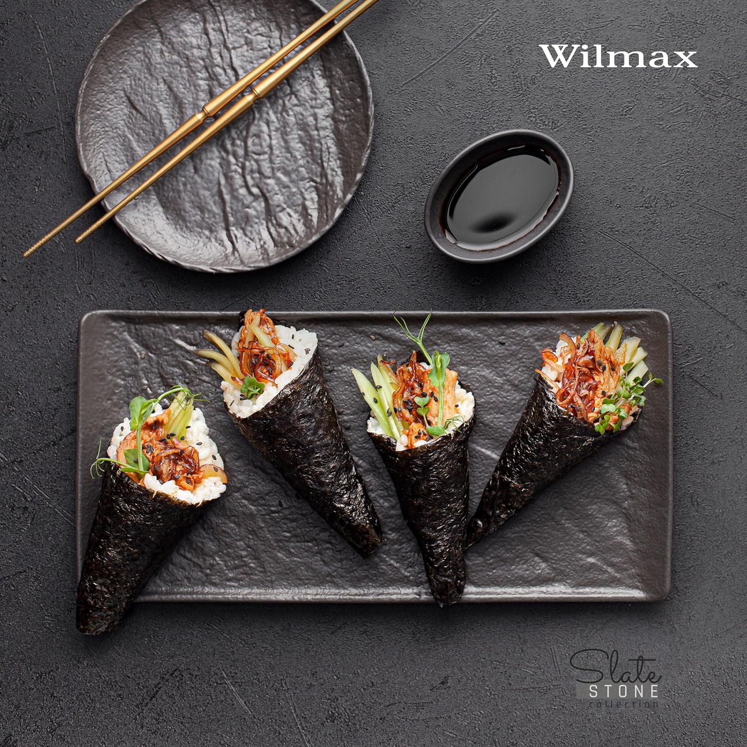 Wilmax Servierplatte 15 × 8 cm 6er-Set Schwarz aus Porzellan