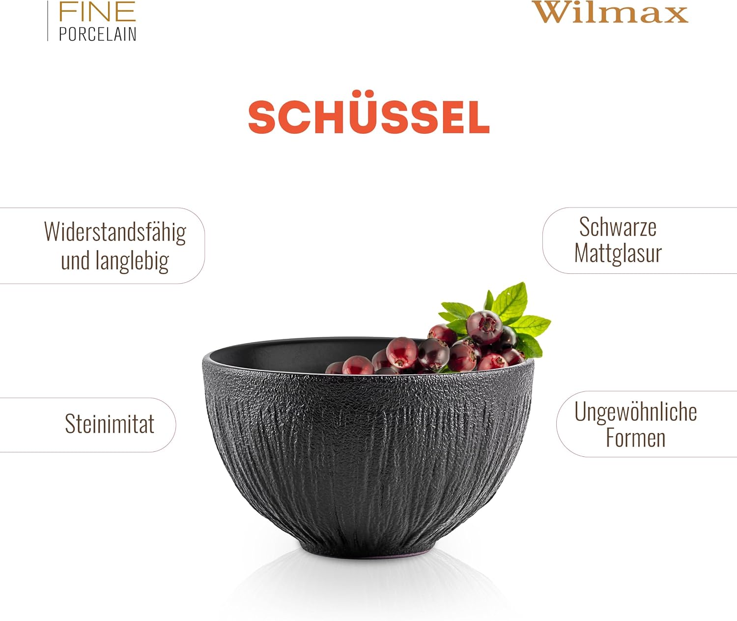 Wilmax Schale 600 ml 6er-Set Schwarz aus Porzellan