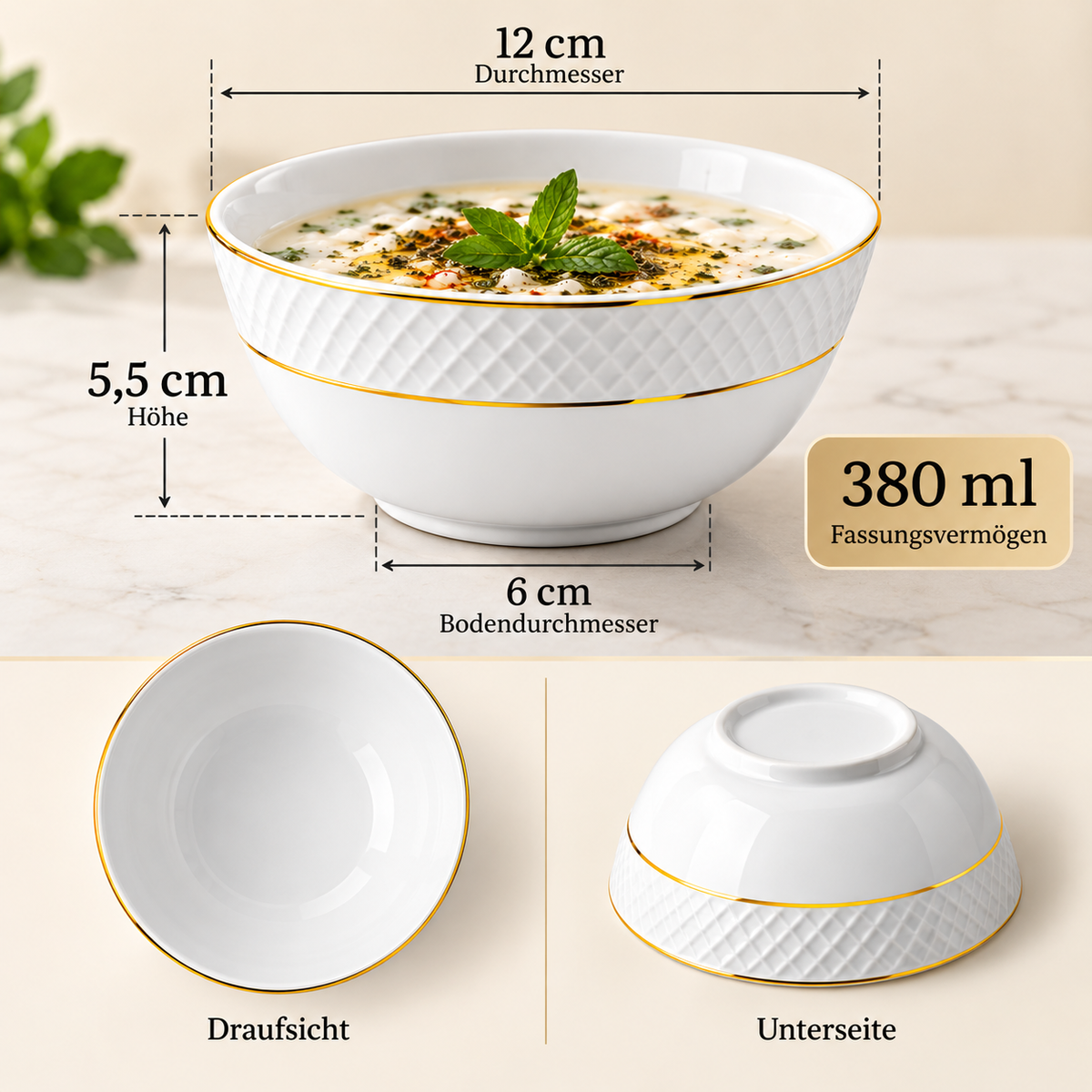 Wilmax Schale 12 cm Weiß mit Goldrand aus Porzellan