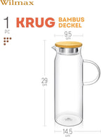 Wilmax Krug 1500 ml mit Bambusdeckel Transparent aus Thermoglas