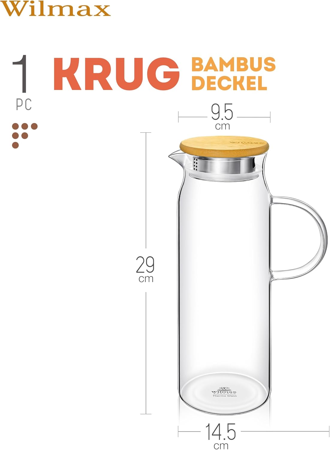 Wilmax Krug 1500 ml mit Bambusdeckel Transparent aus Thermoglas