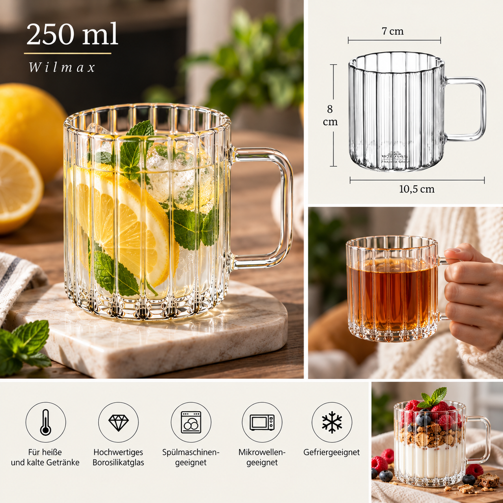 Wilmax Hitzebeständige Glastasse mit Henkel 250 ml 6er-Set aus Glas
