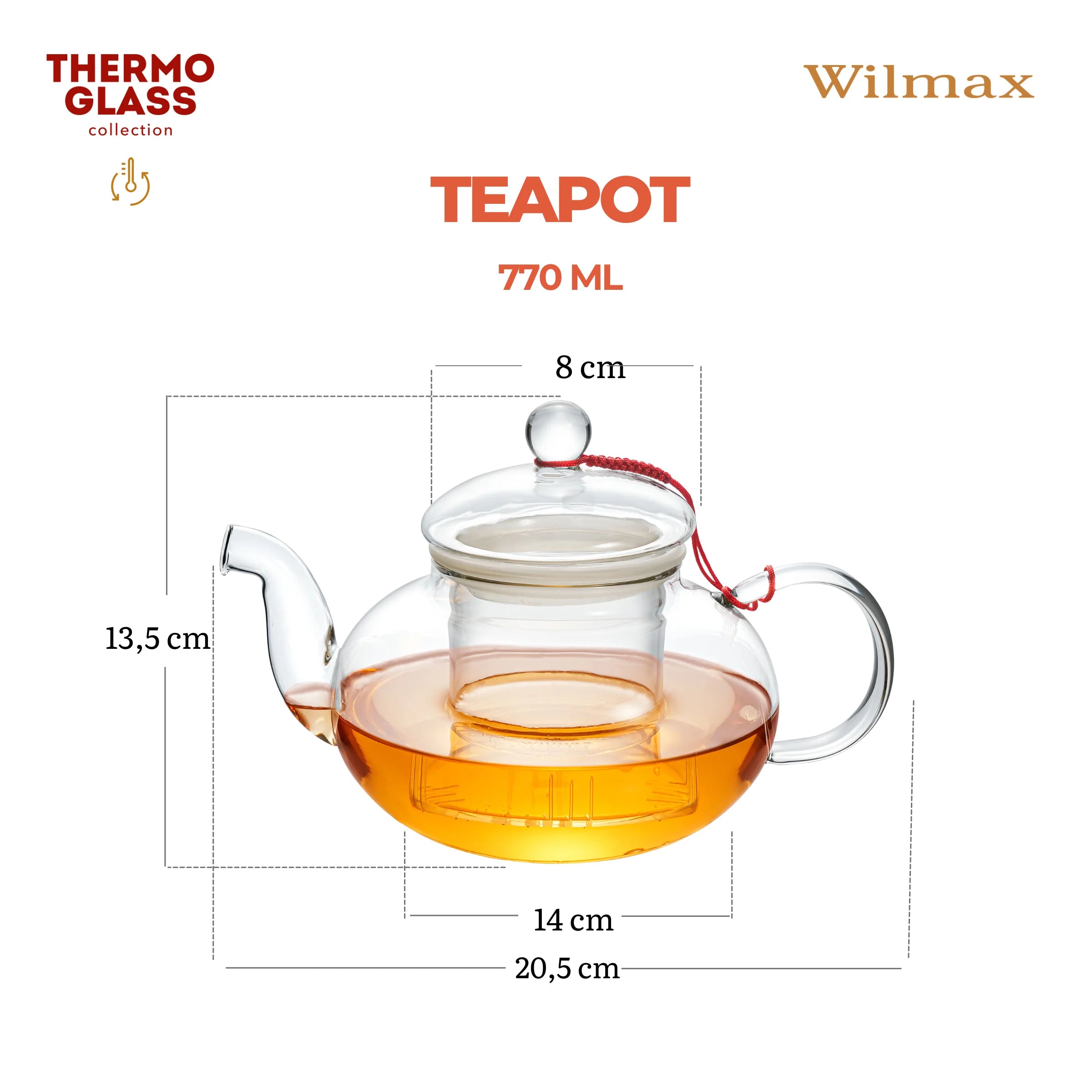 Wilmax Teekanne 770 ml mit Glasfilter Transparent aus Thermoglas